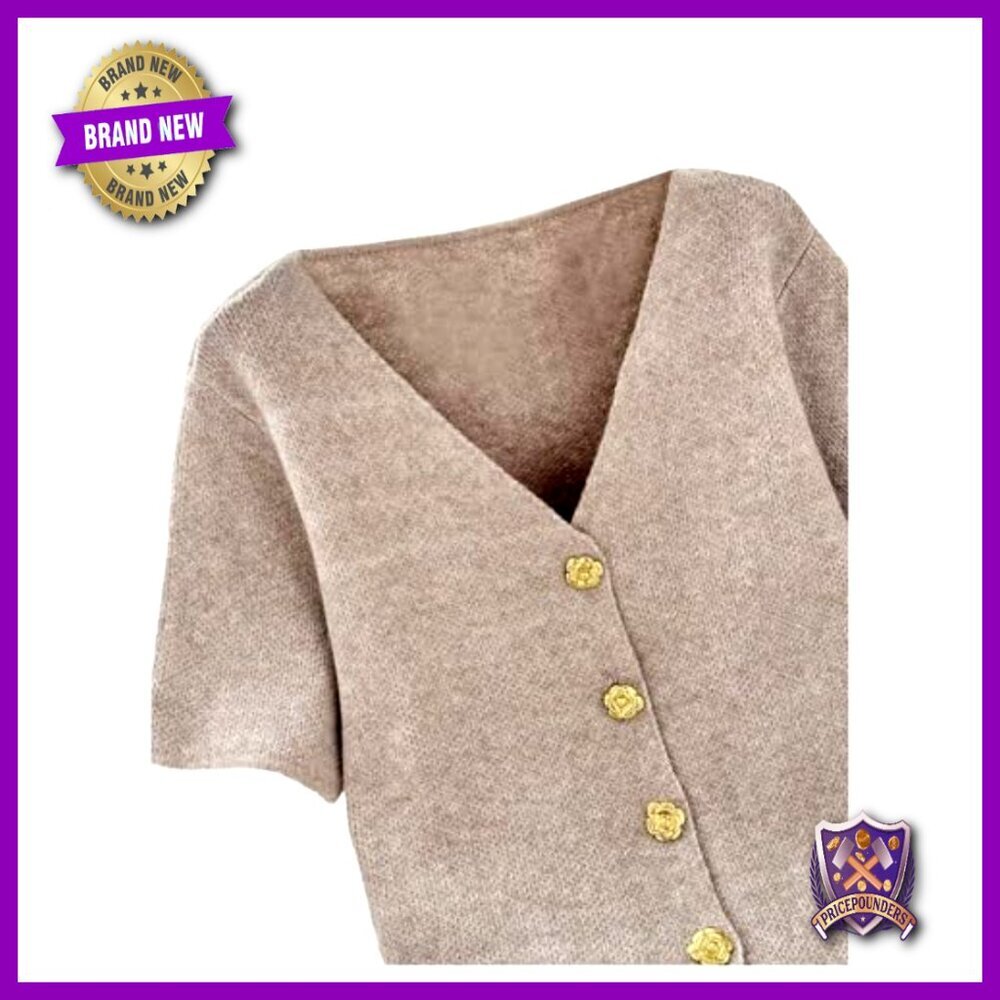 Plus Size V-Neck Cardigan Short Sleeve Button Down Knit Top - Picture 3 of 5